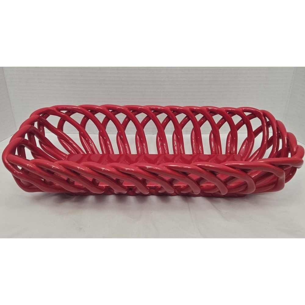 Pioneer Woman Bread Fruit Bowl Basket Stoneware Christmas Red Open Weave Lattice